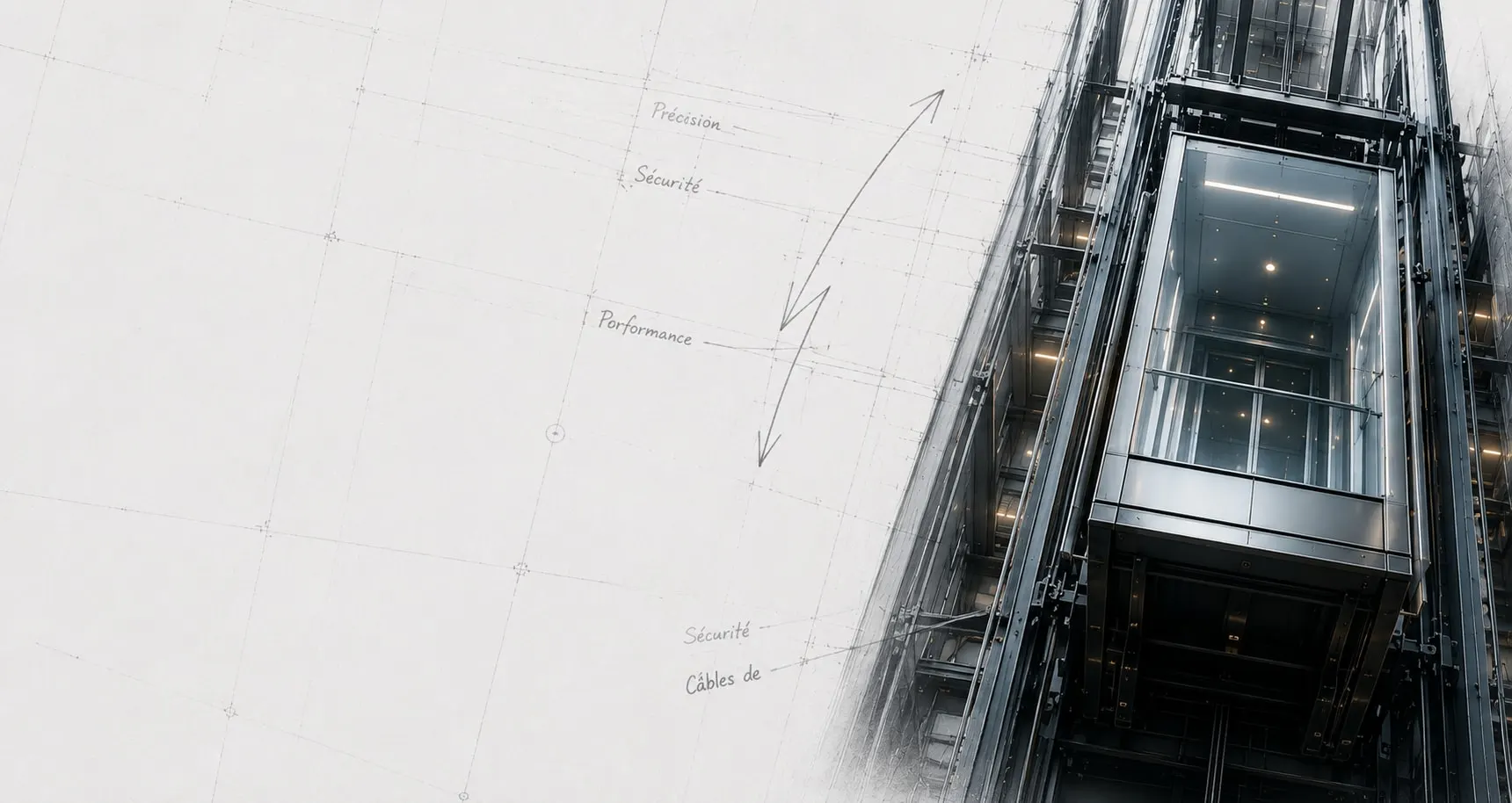 Cage d'ascenseur vue en contre-plongée avec annotations techniques